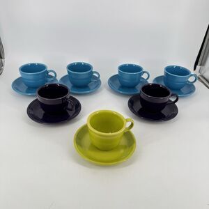 Fiesta Tea Cups & Saucers Set of 7 Multicolor Turquoise Purple Yellow Vintage
